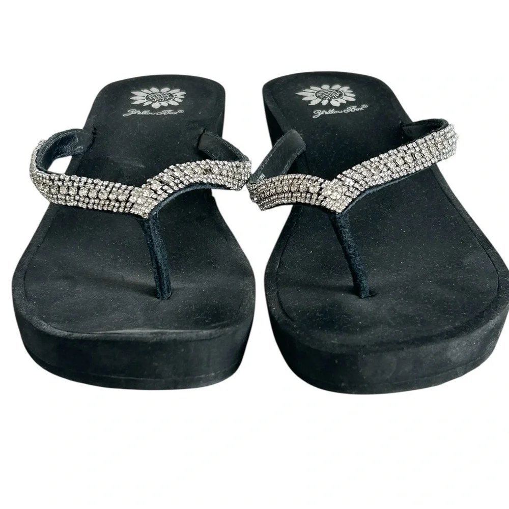 Yellow Box Black Sandals with Rhinestone Embellishments - Picture 3 of 12